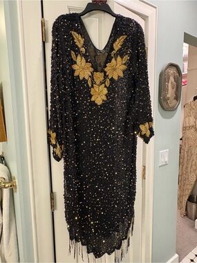 Vintage Black & Gold Hand-Beaded Evening Dress